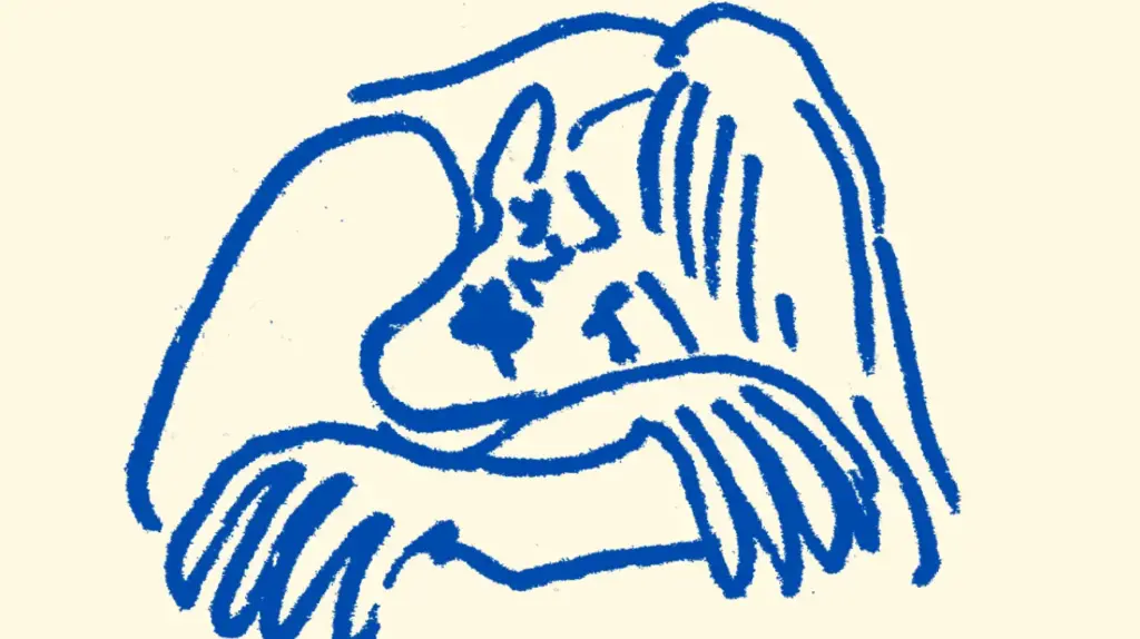 Blaue Linienzeichnung einer nachdenklichen, schweigenden Person mit verschränkten Armen – Symbol für familiäres Schweigen und Entfremdung