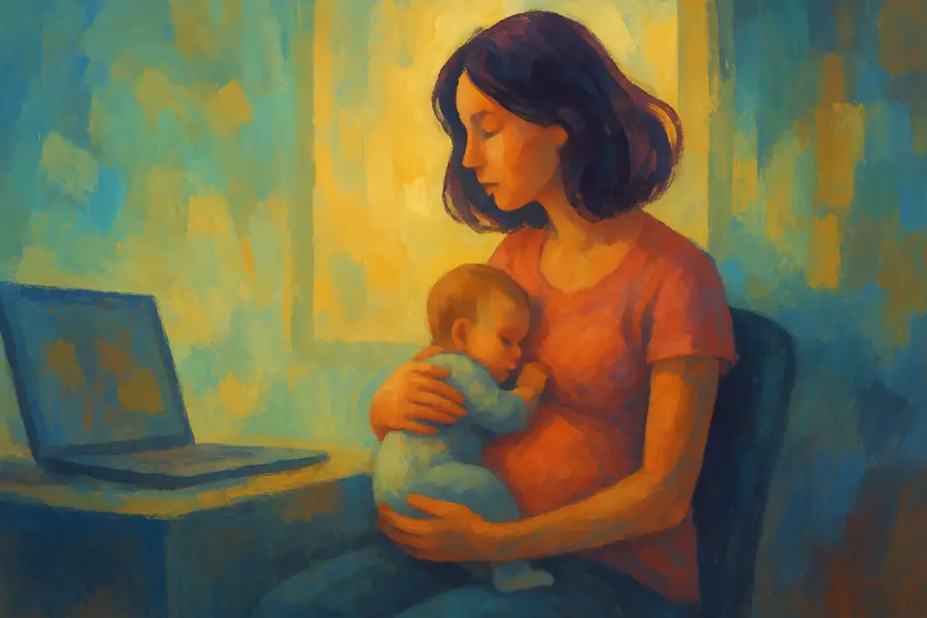 Künstlerische Illustration einer jungen Mutter, die ein Baby im Arm hält. Neben ihr liegt ein Laptop, symbolisch für die Verbindung zwischen unterbrochenen Karriereplänen und dem Neubeginn durch Mutterschaft. Warme Farben in Beige-, Blau- und Orangetönen erzeugen eine hoffnungsvolle und sanfte Stimmung.