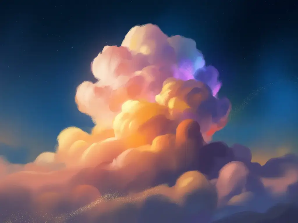 Ein digitales Gemälde einer voluminösen, leuchtenden Wolkenformation in den Farben Tiefblau, Amethystviolett, Bernsteingelb und Rosenrosa, mit goldenen Lichtschimmern, schwebend in einem dunklen, sternenübersäten Raum.