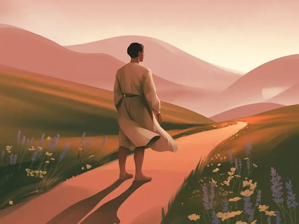 Eine einzelne Person steht auf einem Weg im warmen Licht der untergehenden Sonne. Die rechte Körperhälfte liegt im Schatten, die linke wird vom goldenen Licht erfasst. Der lange Schatten verschmilzt mit der Landschaft. Das Bild symbolisiert Selbstreflexion, innere Balance und den Weg vom Schatten ins Licht.